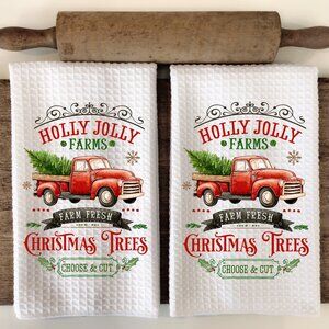 Vintage Christmas Kitchen Towel, Holly Jolly Christmas Tree Farm Towel Set
